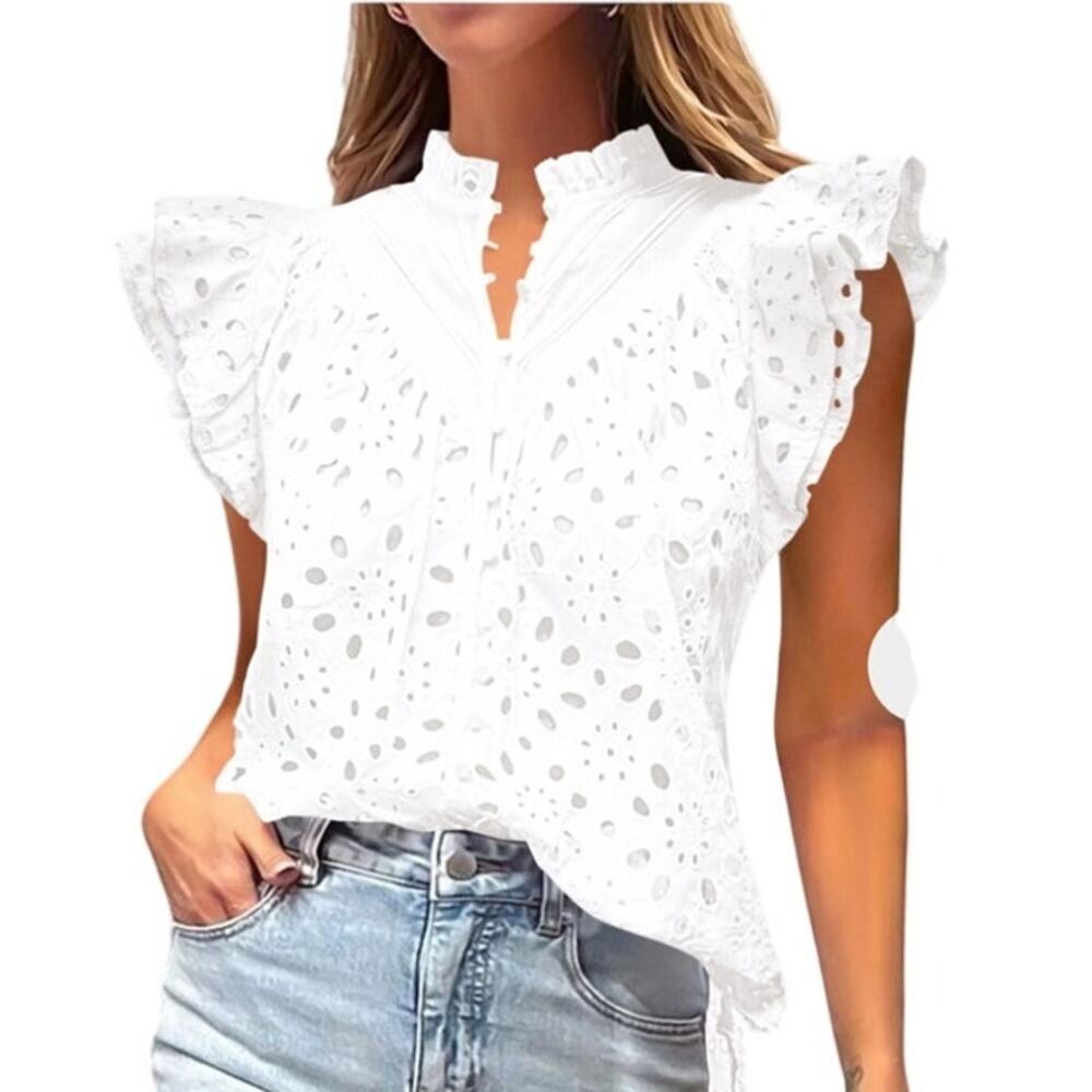 NWT Pretty Garden Women's Ruffle Cap Sleeve V-Neck Eyelet Top Blouse Size M - Picture 2 of 13